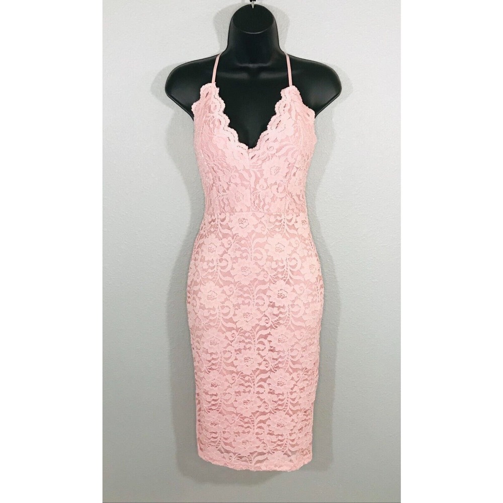 Windsor Cocktail Dress Sexy Lace Pink Bodycon Mid Length Blush V-Neck Strappy, S